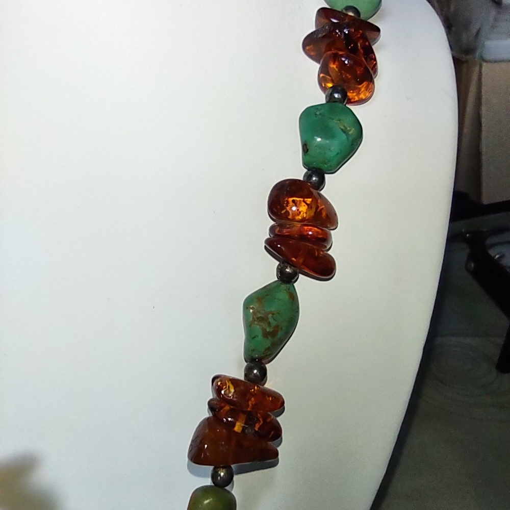 Enormous Turquoise and Amber Pendant Necklace - Statement Piece - Very Heavy - Picture 5 of 16